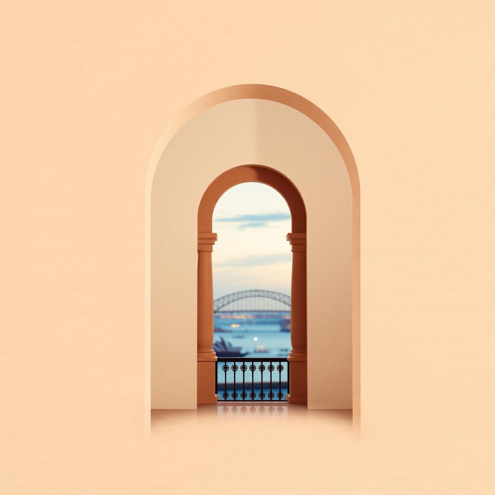 Editorial arch framing a Sydney harbour view